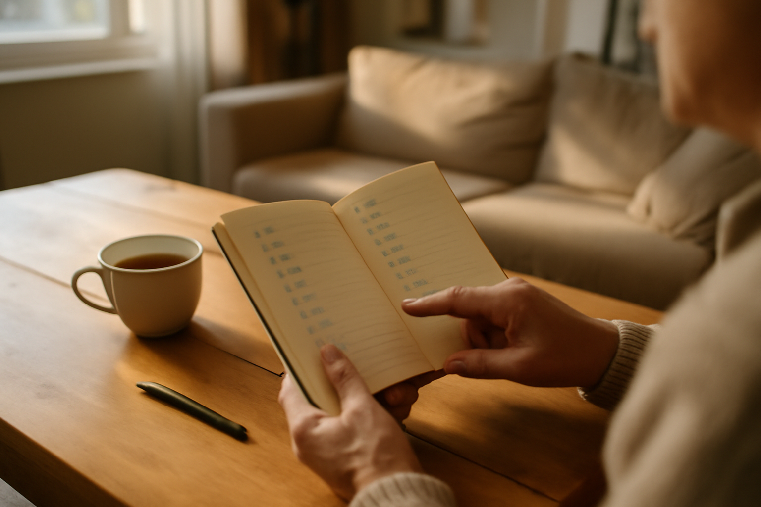 prénom américain sur carnet et stylo, test de prononciation à voix haute dans un salon lumineux