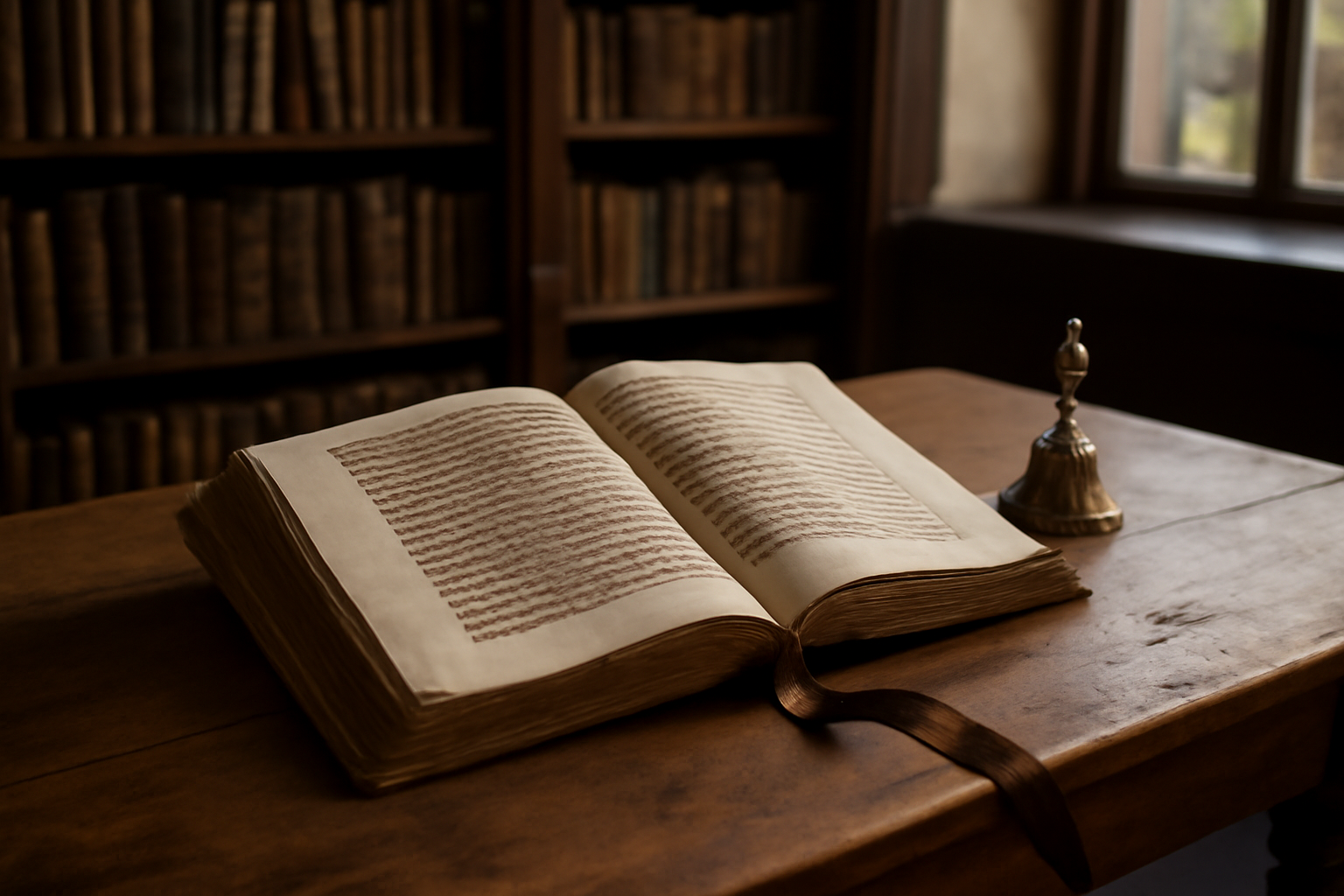 Origine prénom camille : atelier avec manuscrit latin et objets liturgiques, lumière naturelle