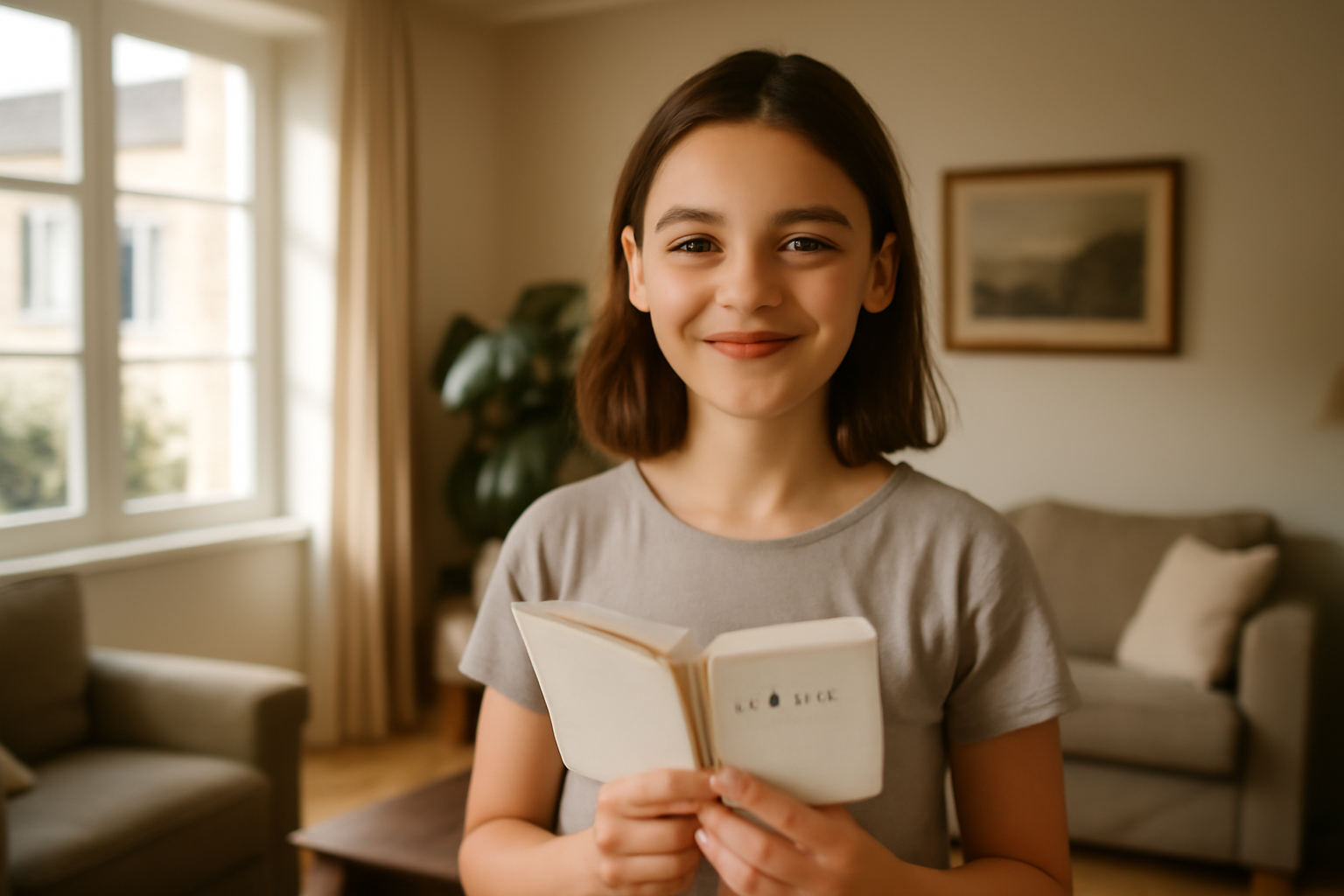origine prénom elina : une jeune fille prénommée Elina, lumière du matin, intérieur lumineux