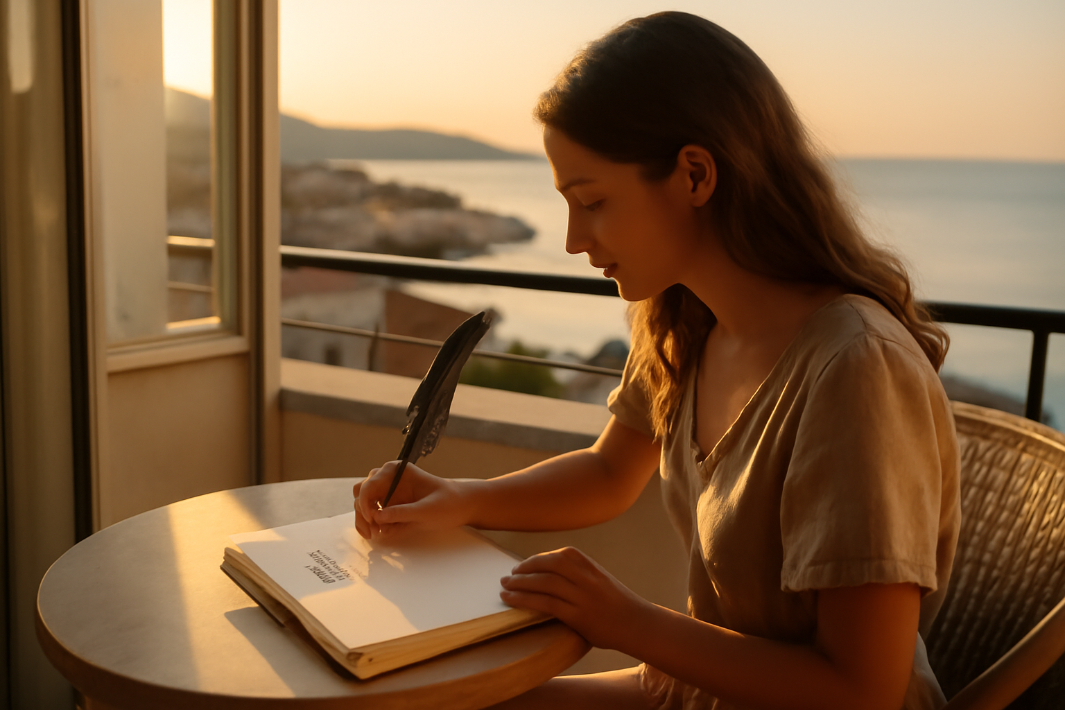 Photo réaliste au lever du soleil avec un carnet portant le prénom Élyna et une plume, ambiance douce