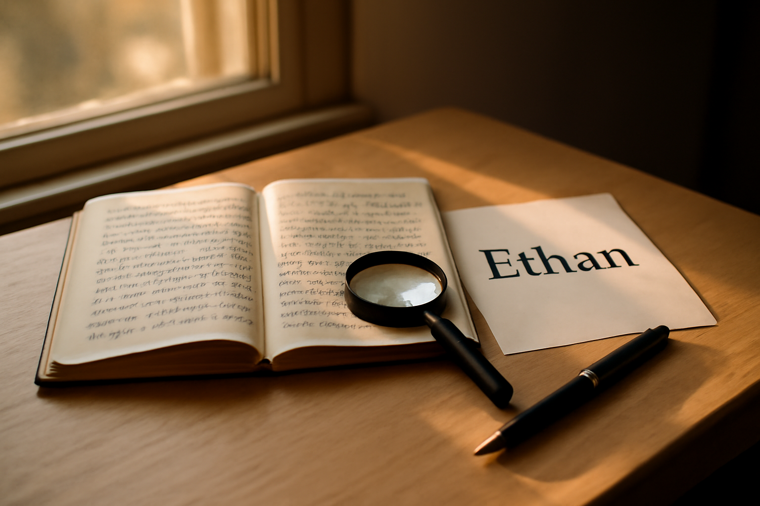 Origine prénom Ethan : un prénom hébraïque sur un document ancien, lumière chaude