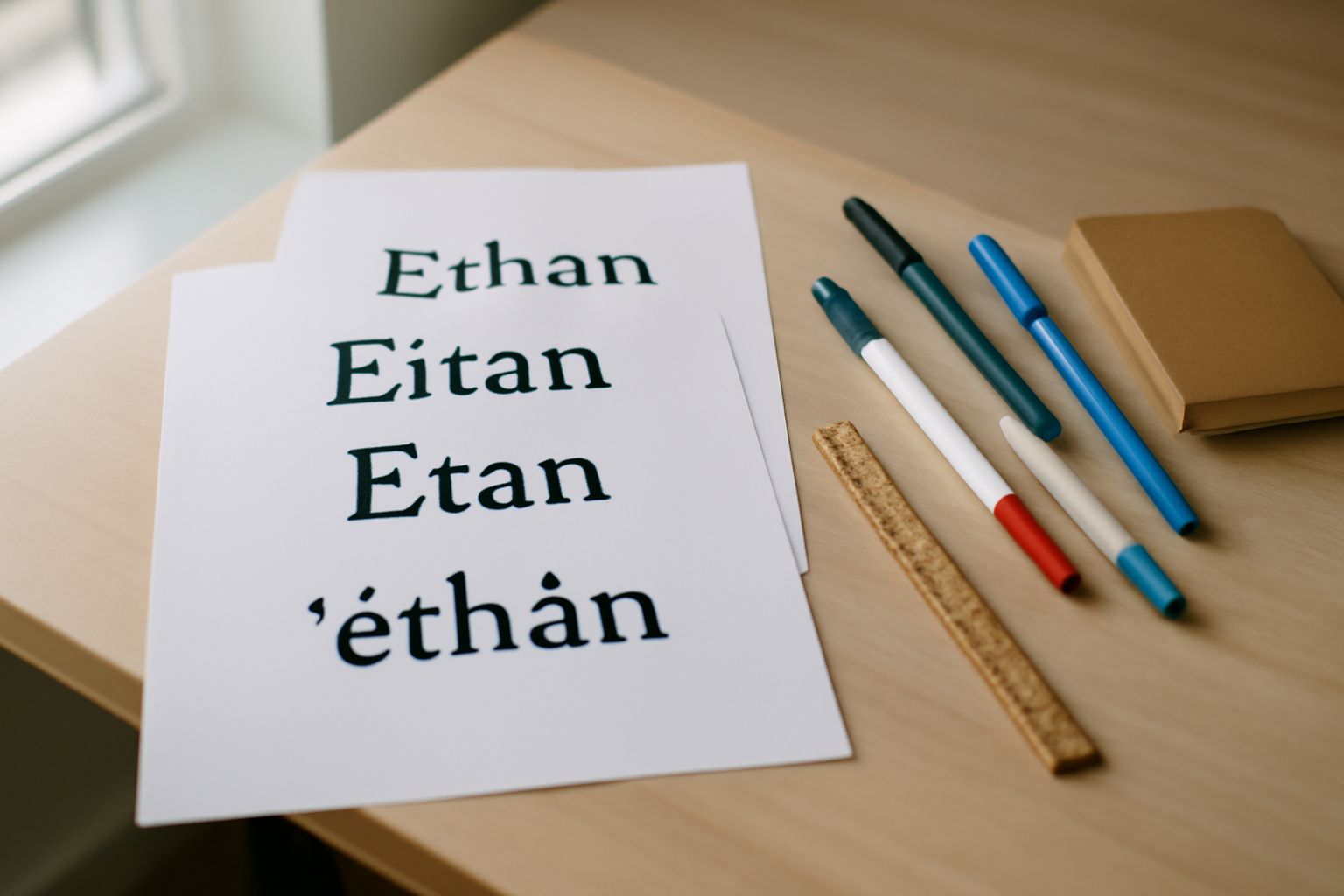Variantes du prénom Ethan : Eitan et Etan sur une feuille avec stylos, style bureau