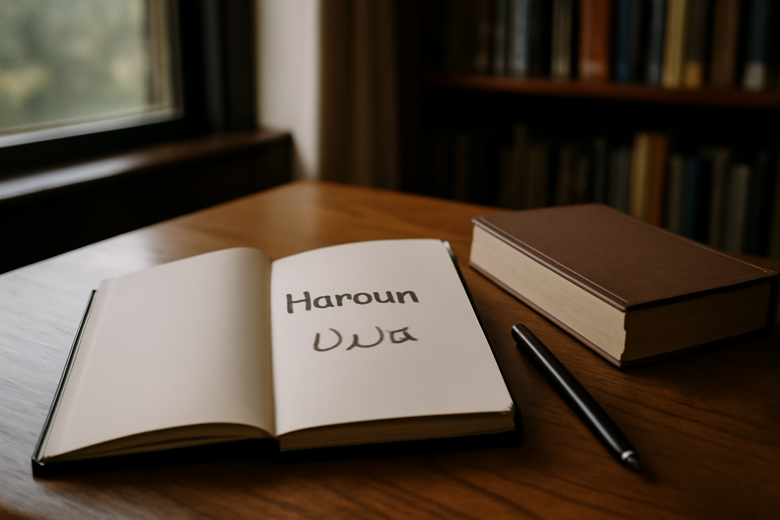 Origine prénom Haroun : scène réaliste dans une bibliothèque, un carnet ouvert avec le prénom Haroun en lettres arabes et latines, lumière naturelle