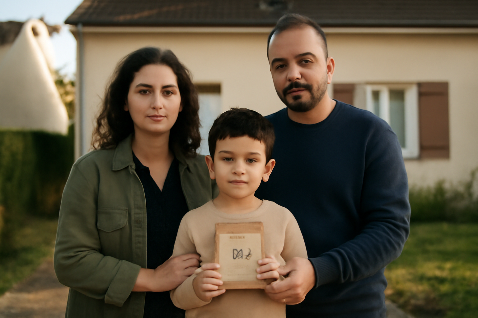 origine prénom iyad : portrait familial devant une maison, lumière douce, ambiance francophone