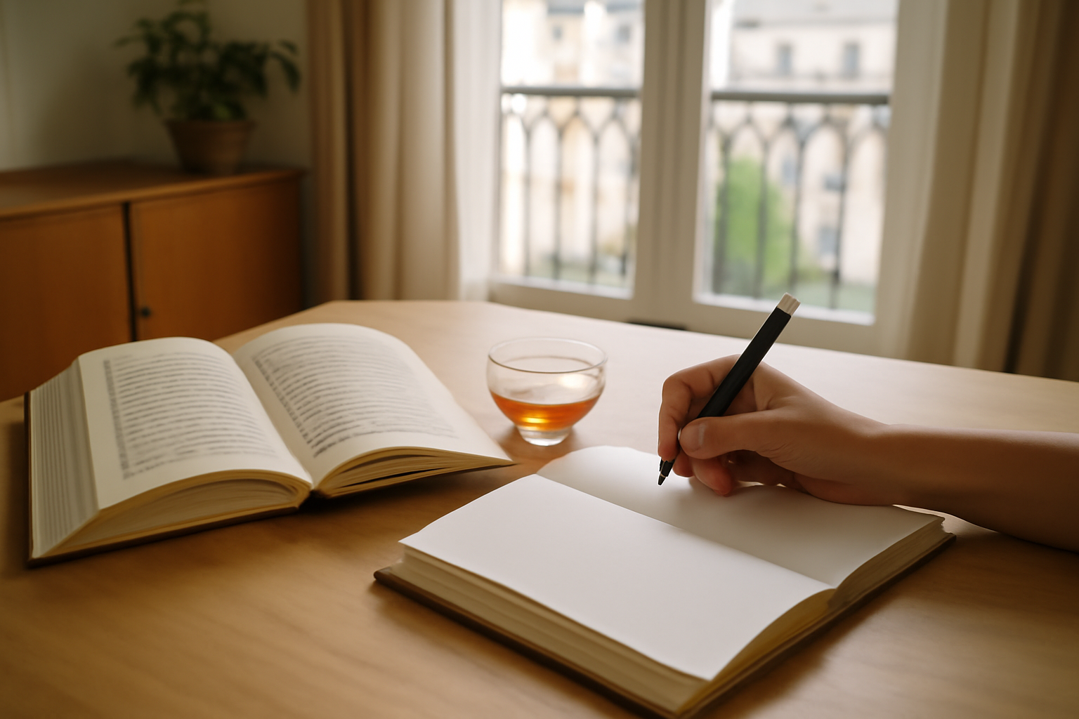Origine prénom Khalil : photo réaliste d'un carnet de naissance et d'un livre arabe sur une table en lumière naturelle