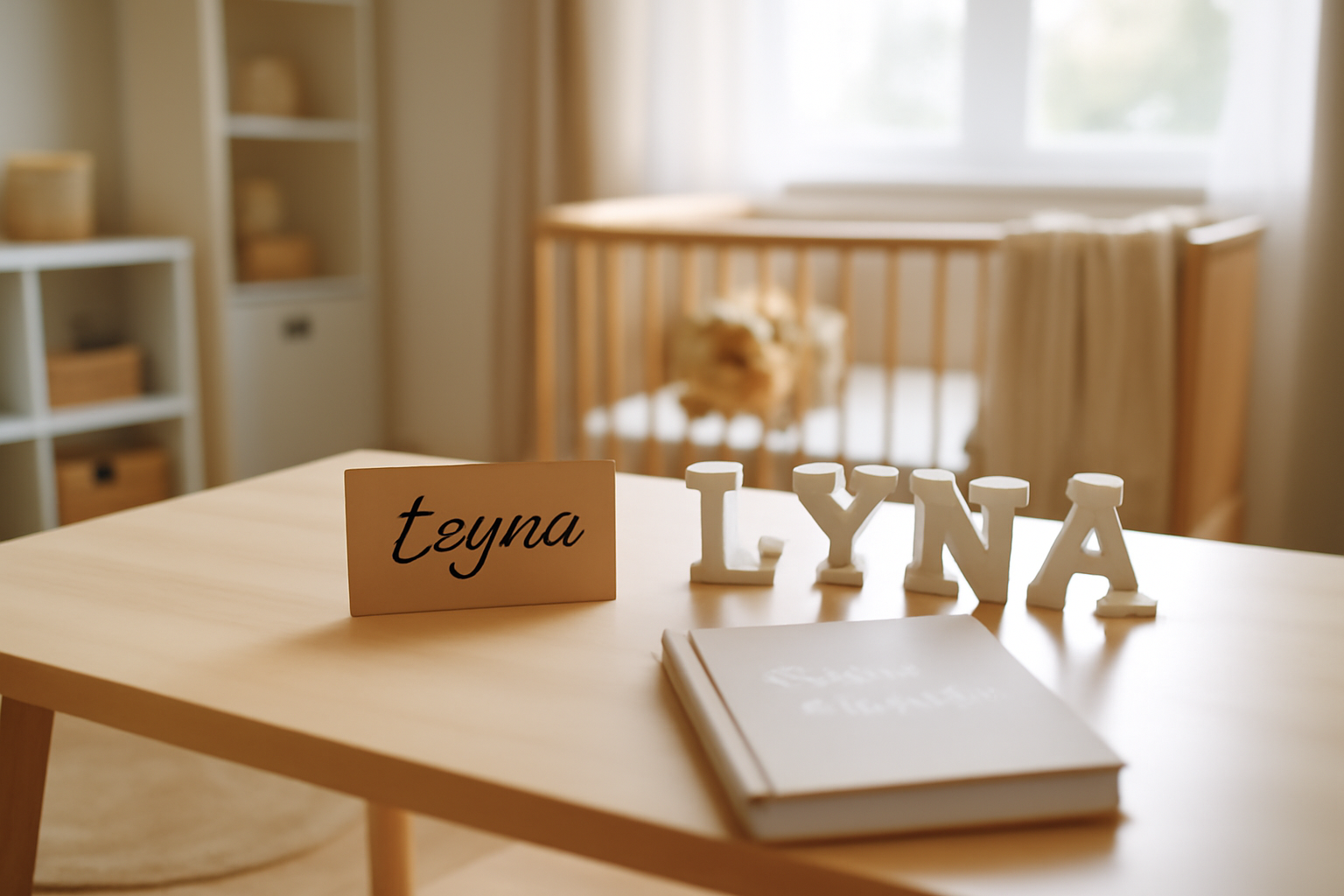 Origine prénom leyna : photo réaliste d’une chambre lumineuse avec une petite étiquette de naissance « Leyna » et des lettres décoratives