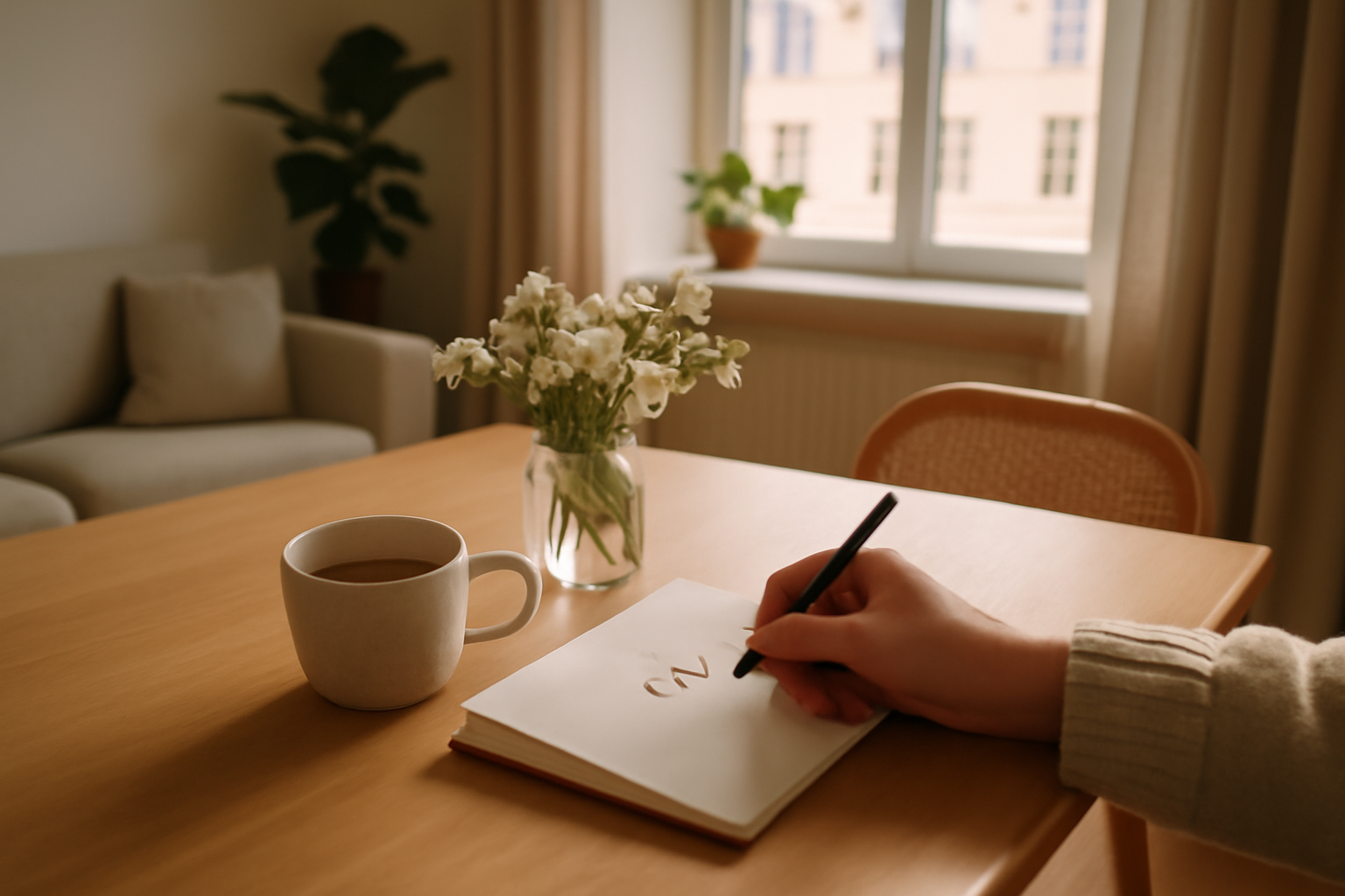 Origine prénom Liv : une scène de famille scandinave avec un carnet où l’on écrit « Liv » au stylo, lumière naturelle nordique