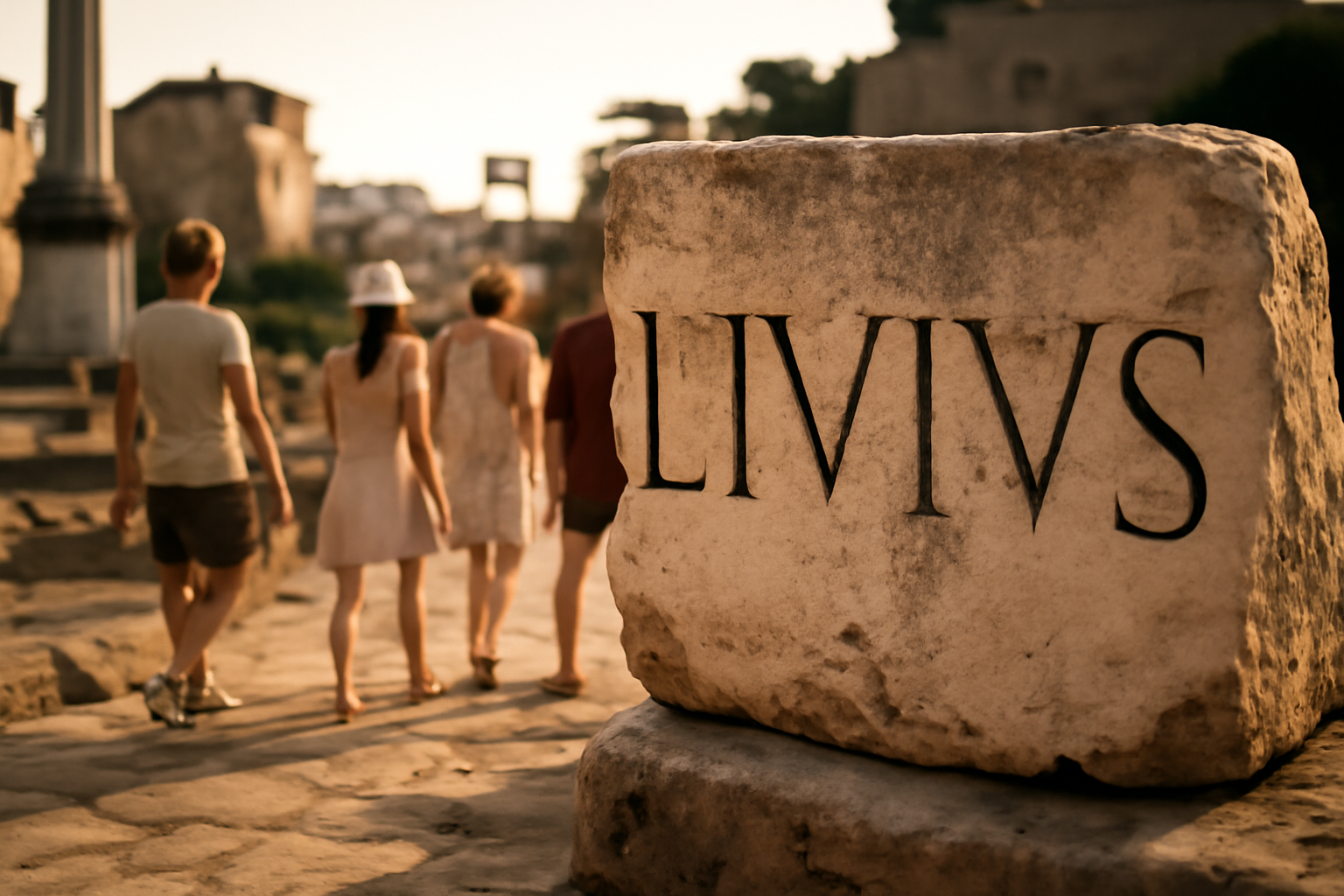 Origine prénom Livia : scène réaliste à Rome antique avec inscription latine et lumière dorée