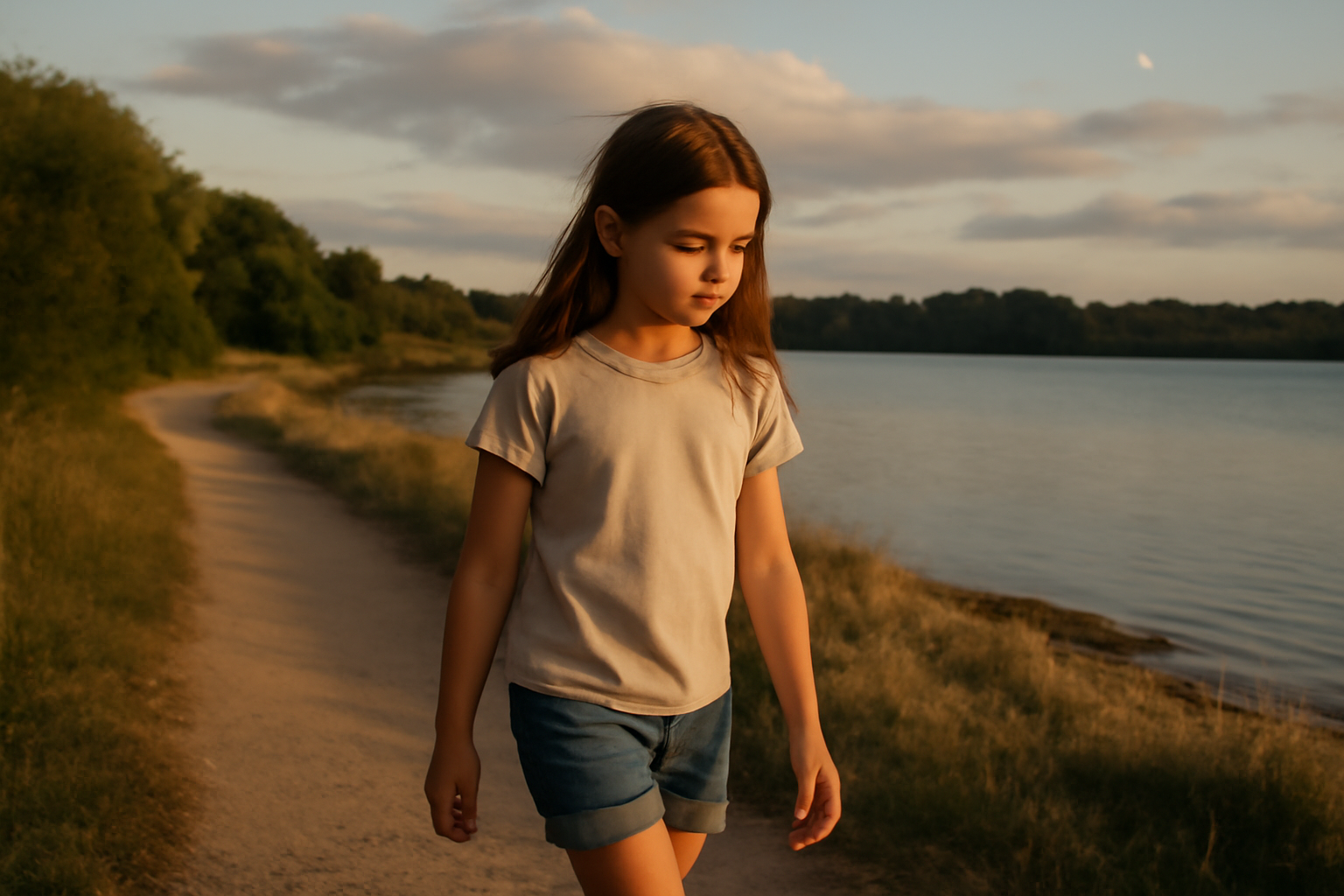 Origine prénom Louna : une jeune fille regardant la lune au coucher du soleil, atmosphère douce et réaliste