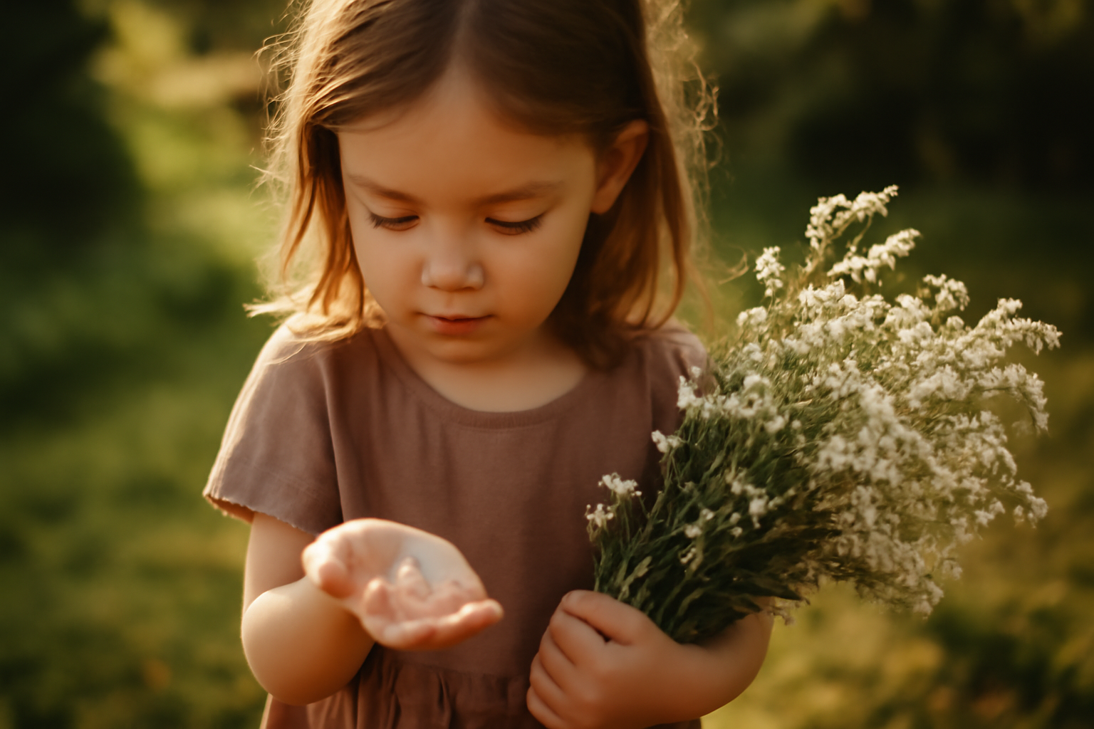 Origine prénom Margot : une petite fille tenant une perle près d’un bouquet, lumière douce, photo réaliste