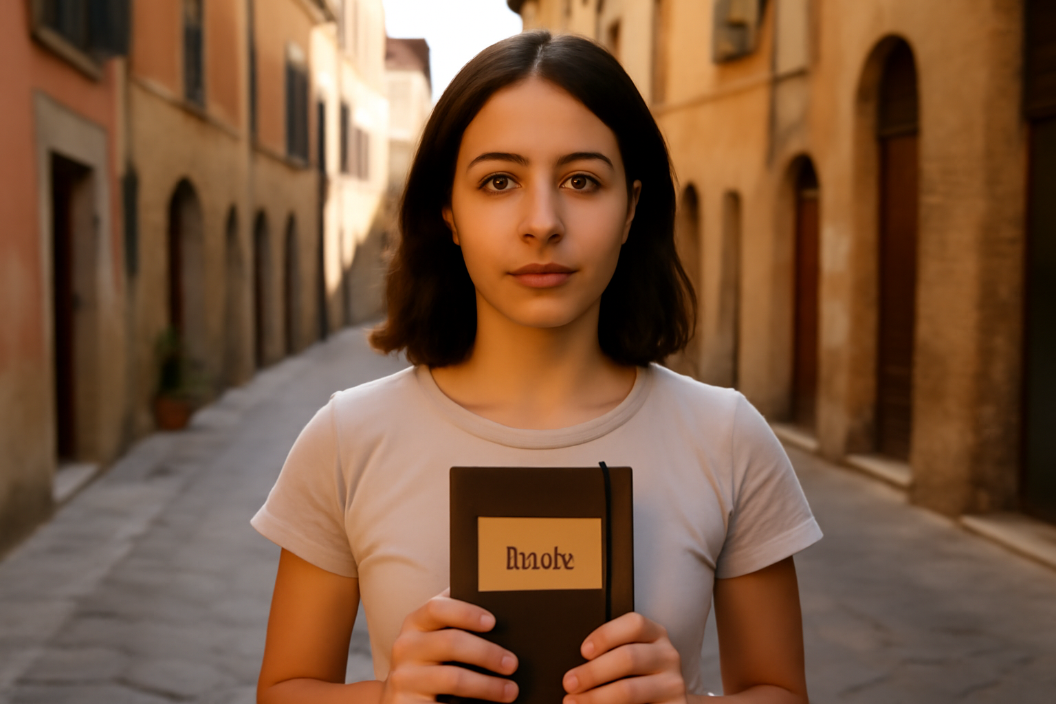 Origine prénom Paola : portrait photo réaliste d’une jeune femme portant un prénom Paola sur une étiquette, lumière douce, ambiance méditerranéenne, Italie