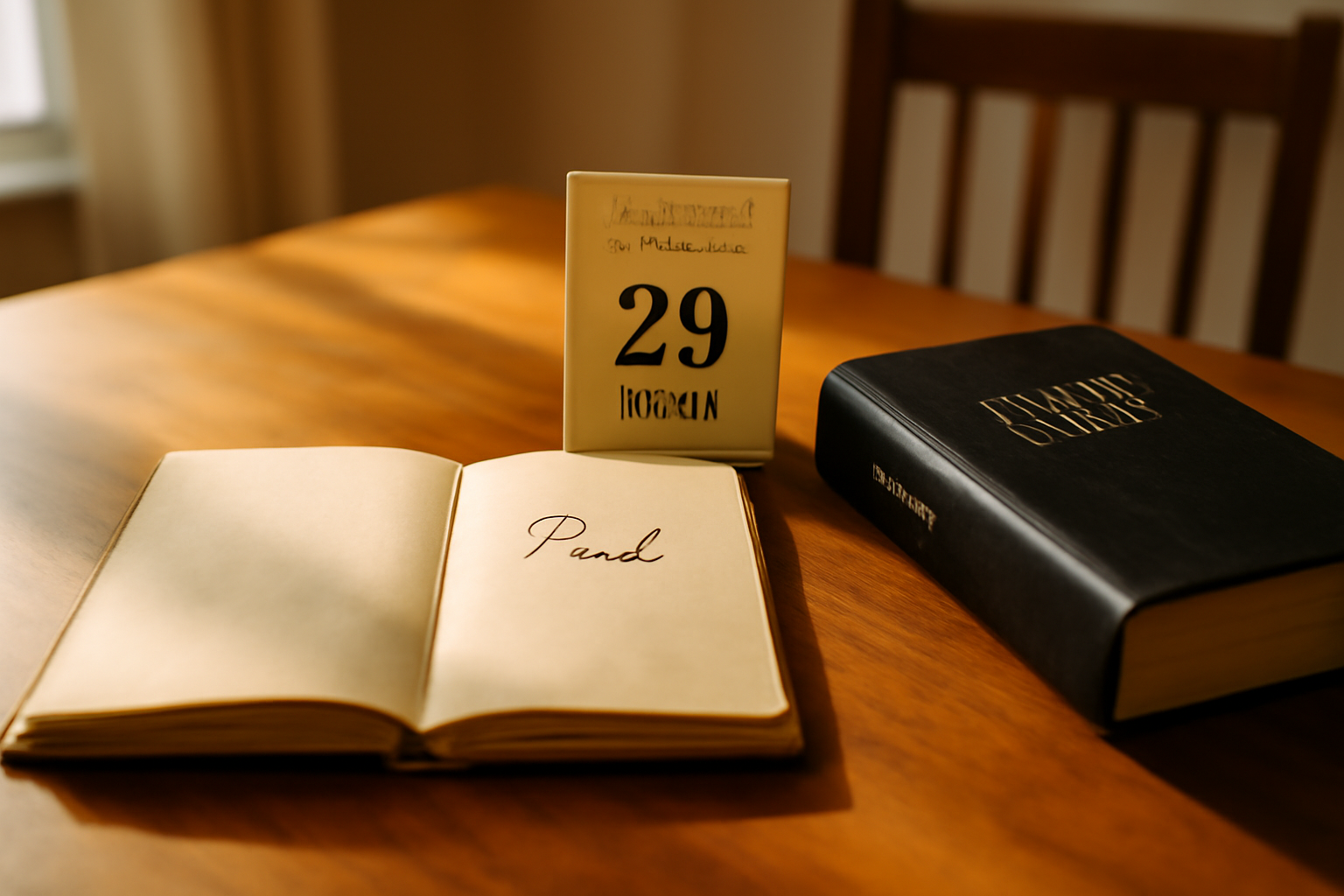 Origine prénom Paul : photographie réaliste d’un carnet ancien et d’un calendrier liturgique près d’une Bible, lumière chaude