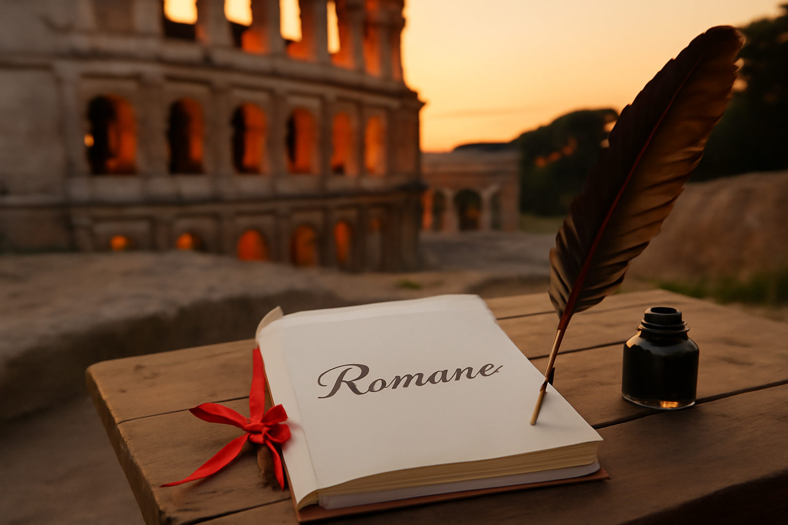 Origine prénom Romane : vue de la Rome antique avec un carnet de naissance et une plume