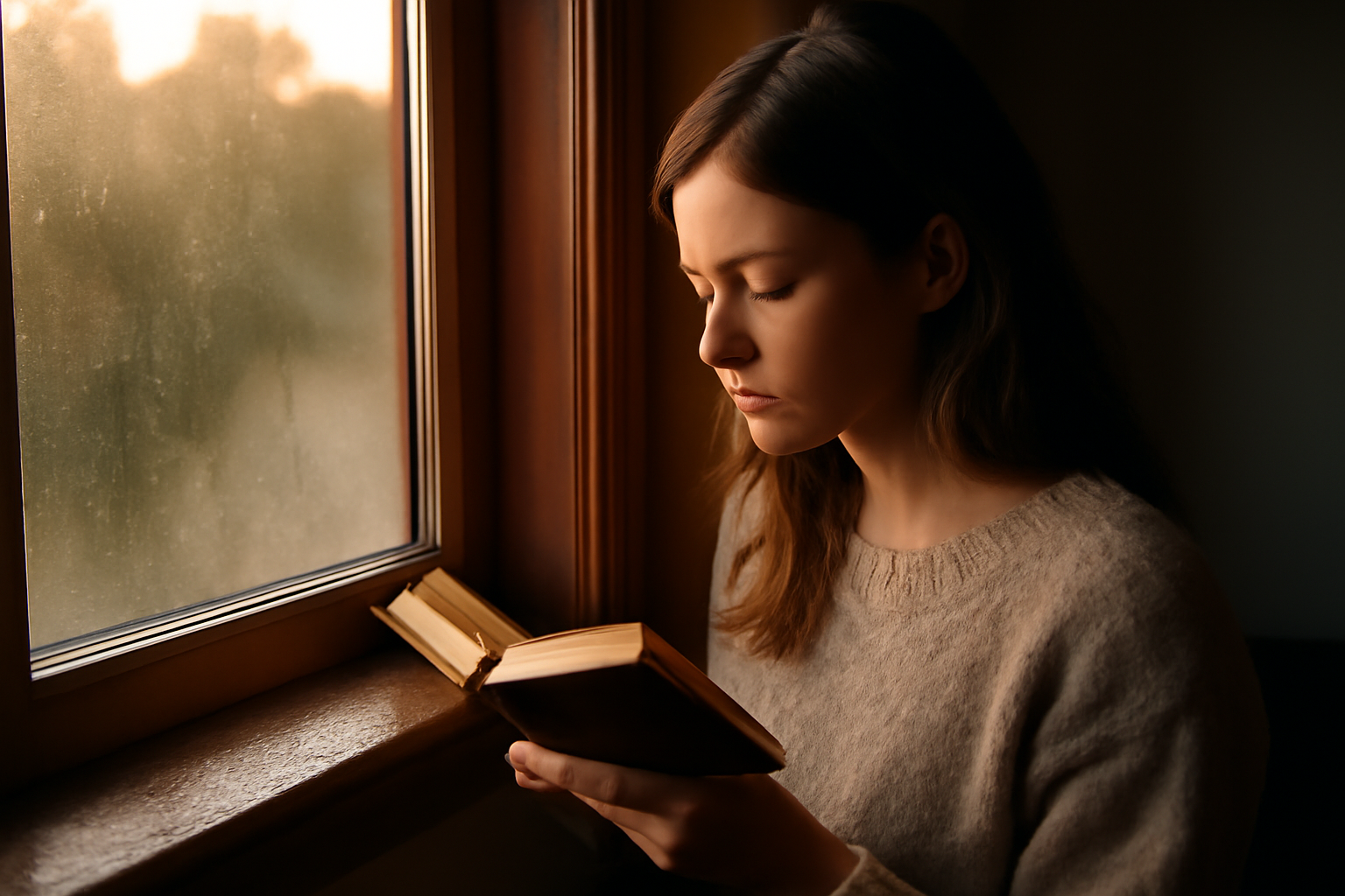 Origine prénom talia : rosée du matin sur une fenêtre, ambiance douce, jeune femme tenant un livre