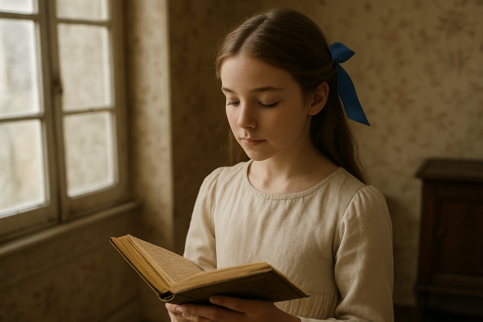Portrait d’une jeune fille portant un ruban bleu, ambiance médiévale suggérée par des motifs floraux et une lumière douce