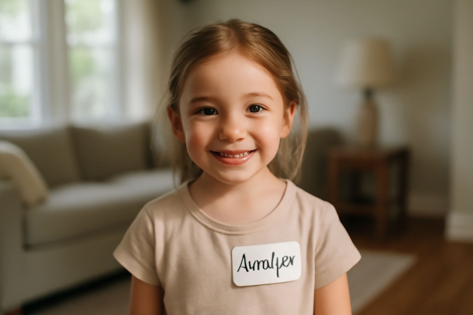 Portrait photo réaliste d’une petite fille portant un prénom Amalya sur un badge, lumière naturelle, intérieur lumineux
