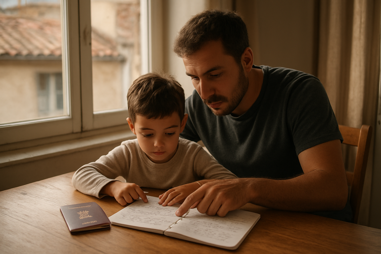 Photo réaliste d’une famille française discutant à une table avec un carnet où l’on compare l’orthographe du prénom Anas