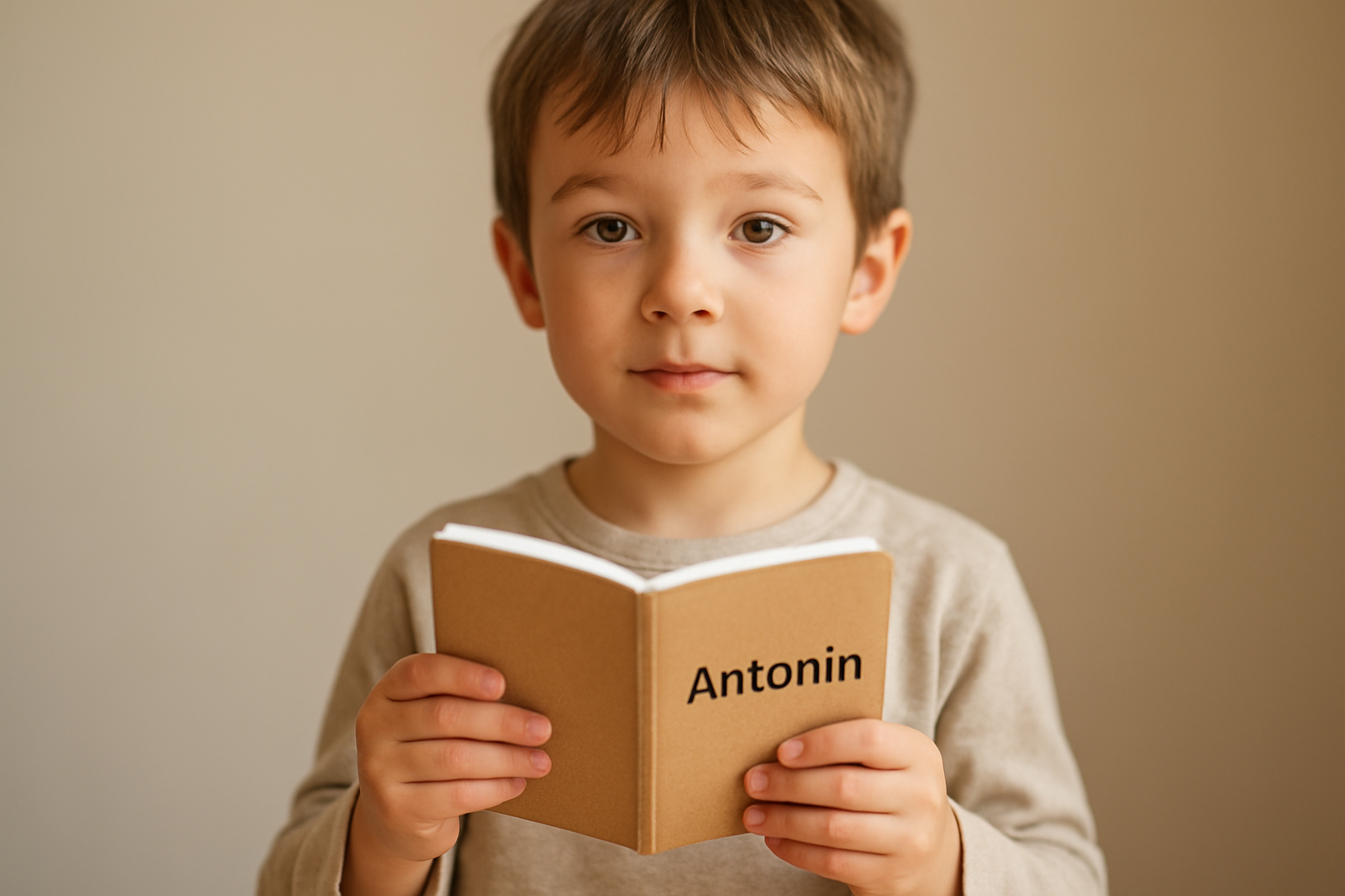 Portrait photo réaliste d’un enfant portant un prénom ancien sur un petit carnet, ambiance studio douce, lumière naturelle, couleurs neutres, France