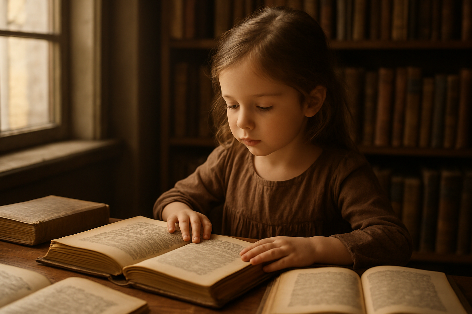 Portrait d’une petite fille nommée Arya regardant un livre ancien dans une bibliothèque baignée de lumière naturelle