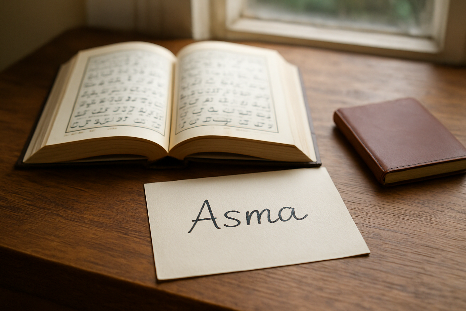 Photo réaliste d’une page de dictionnaire arabe et d’un prénom féminin écrit en lettres latines, lumière douce en intérieur
