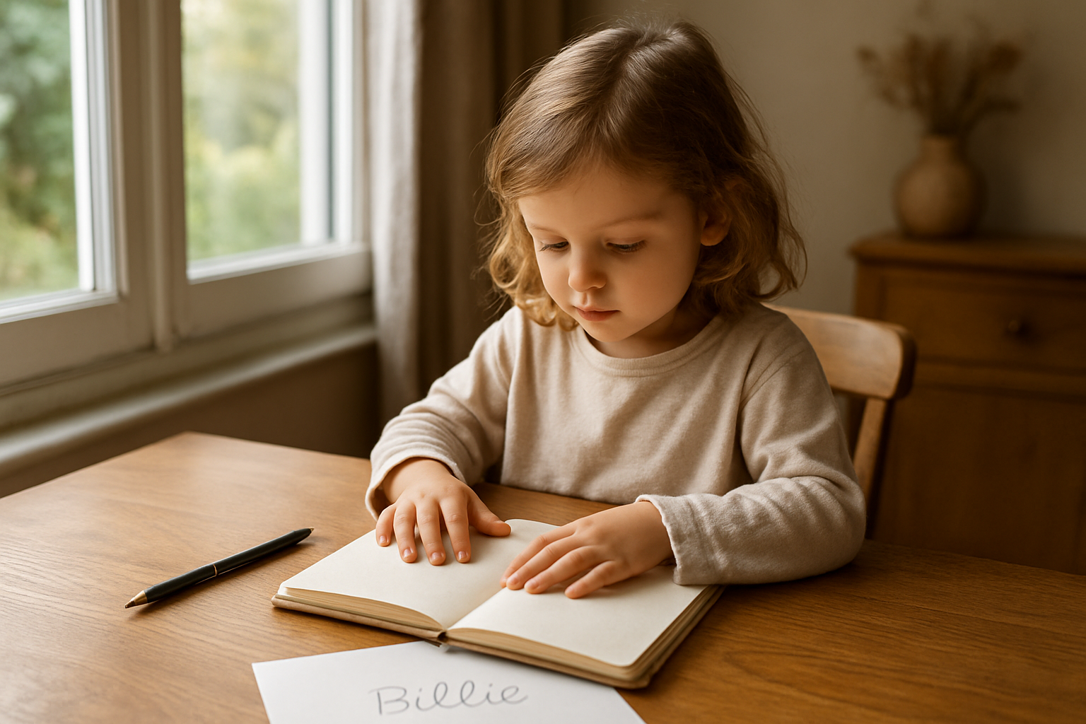 Portrait d’une petite fille nommée Billie, carnet de naissance ouvert sur une table en bois, lumière naturelle, intérieur chaleureux