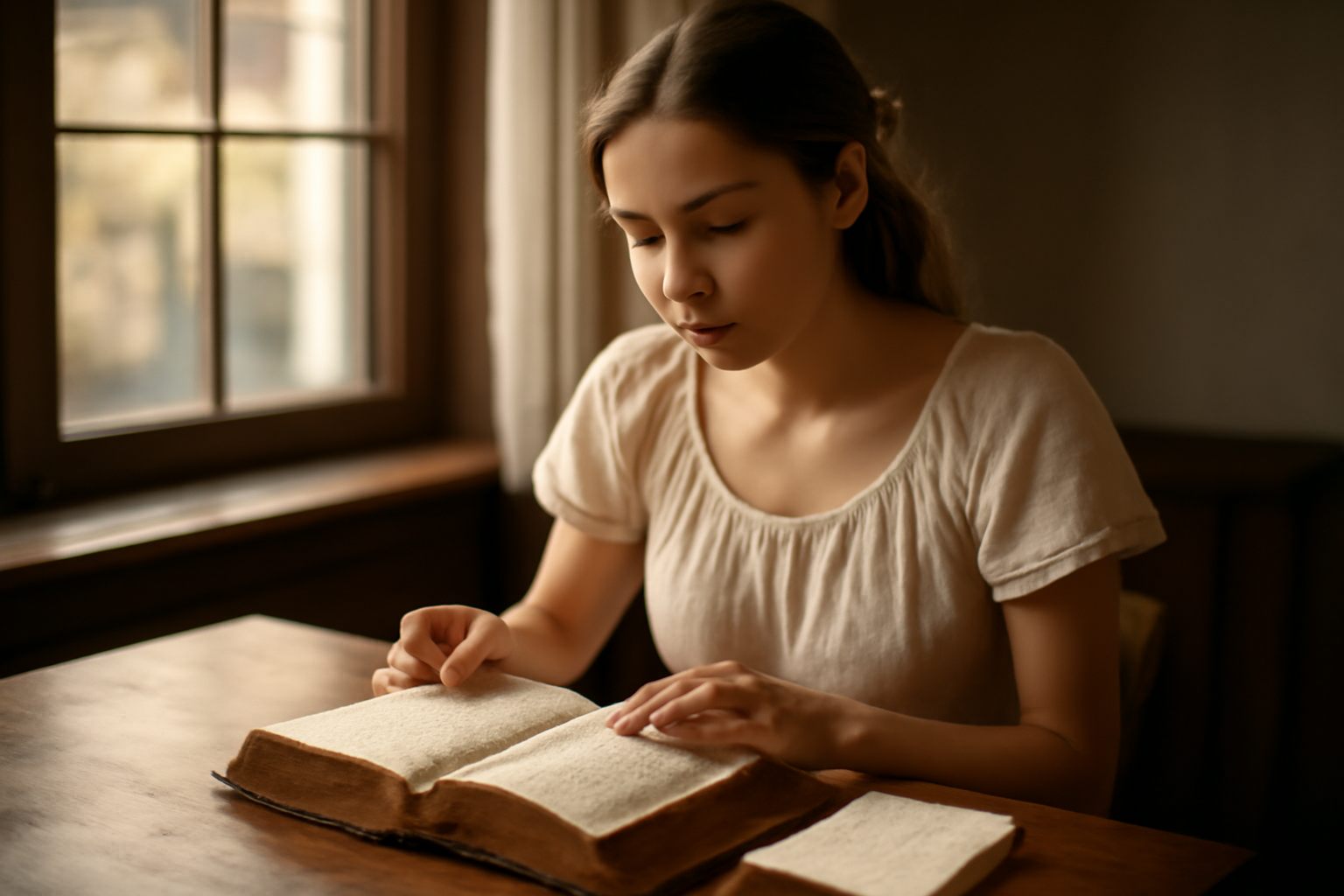 Origine prénom Clémence : étymologie latine et douceur, photo réaliste d’une jeune femme lisant un livre ancien près d’une fenêtre lumineuse