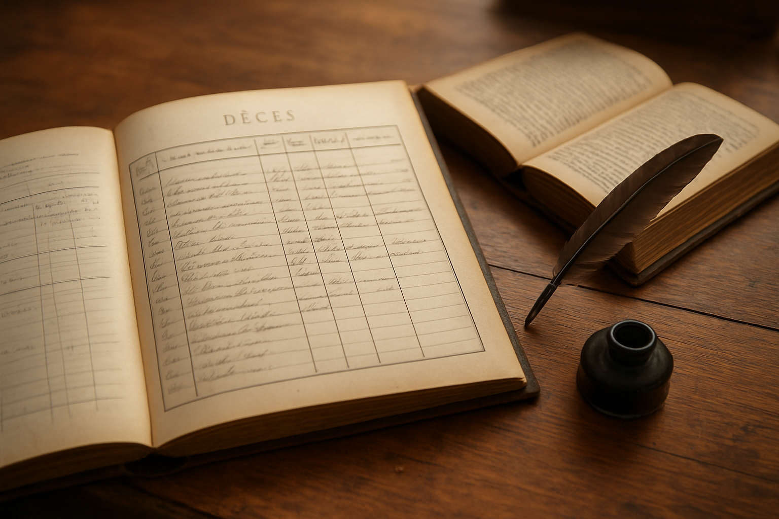 Photo réaliste d’une feuille de registre d’état civil ancienne à côté d’un livre latin ouvert, lumière chaude, ambiance historique