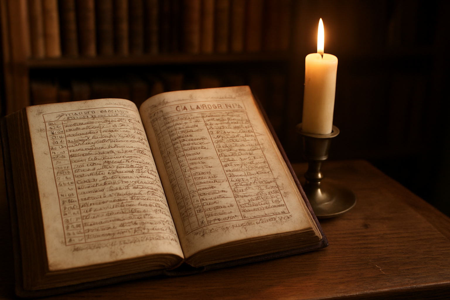 Photo réaliste d’un calendrier liturgique ancien ouvert avec une page marquée, ambiance de bibliothèque