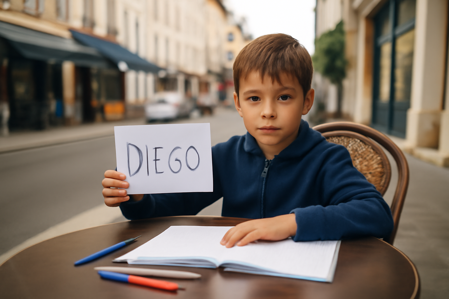 Garçon portant un prénom Diego sur un carnet, ambiance urbaine française, lumière naturelle, photo réaliste