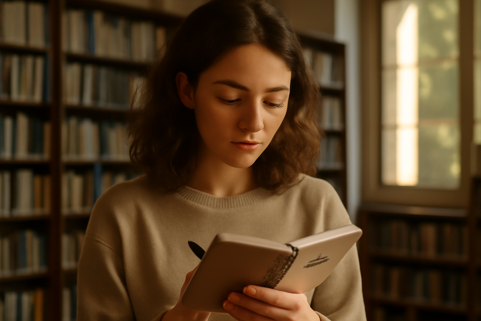 Origine prénom Dina : une jeune femme prénommée Dina dans une bibliothèque, lumière naturelle, ambiance chaleureuse