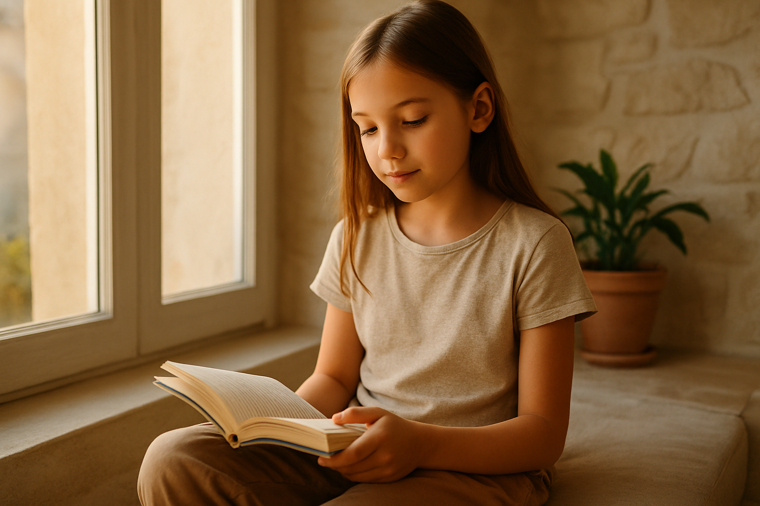 Jeune fille tenant un livre près d’une fenêtre éclairée par le soleil, ambiance méditerranéenne, style photo réaliste