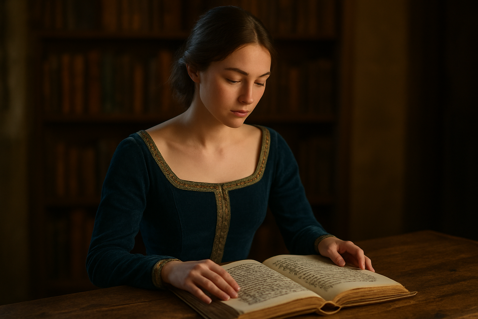 Portrait d’une jeune femme portant le prénom Éléonore près d’un livre médiéval, lumière chaude