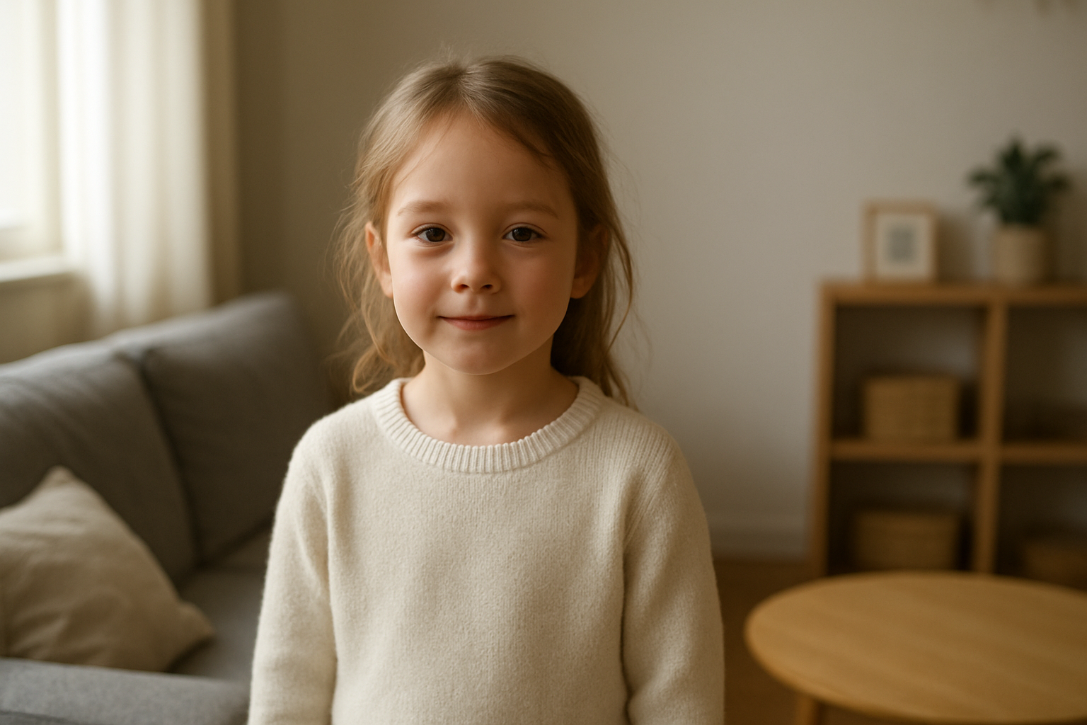 Portrait naturaliste d’une petite fille portant un pull clair, dans un intérieur lumineux en France, lumière douce et couleurs chaudes