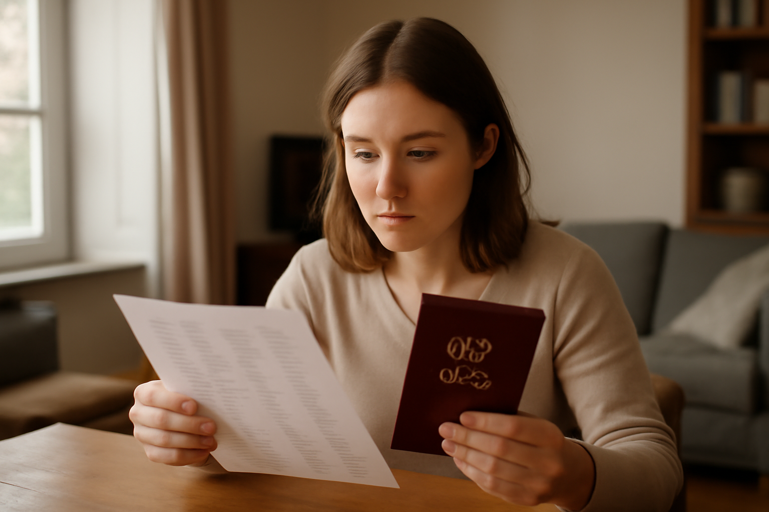 Origine prénom emilia : une jeune femme devant un carnet de naissance, lumière naturelle, ambiance de famille en France