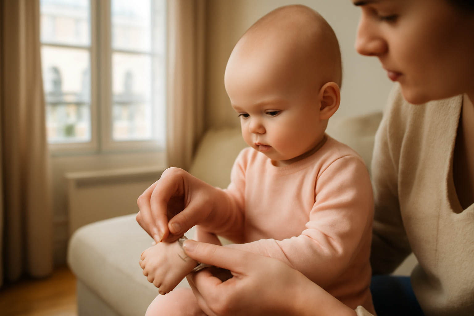 bébé portant un petit bracelet avec le prénom Emmy, intérieur lumineux près d’une fenêtre