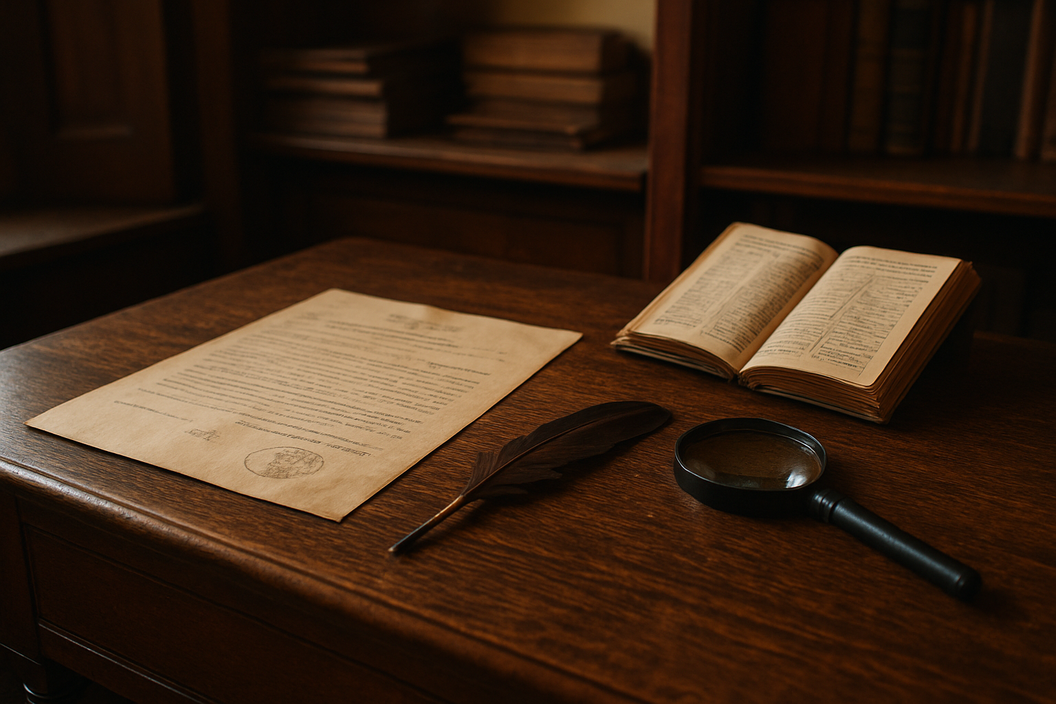 Photo réaliste d’un acte d’état civil ancien montrant le prénom Gustave, sur un bureau en bois près d’un calendrier liturgique
