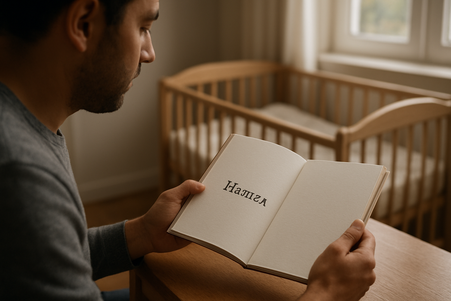 Portrait réaliste d’un père et d’un bébé dans une lumière douce, avec un carnet de naissance ouvert où l’on lit « Hamza »