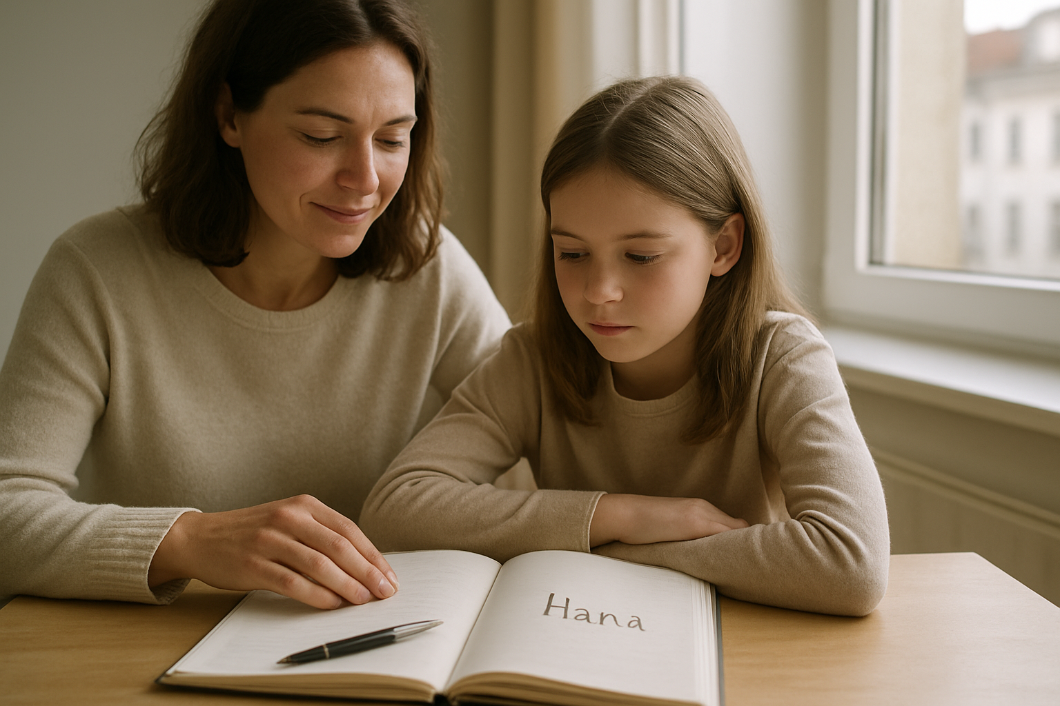 Mère et enfant devant une fenêtre, lumière du matin, carnet de naissance ouvert avec le prénom Hana