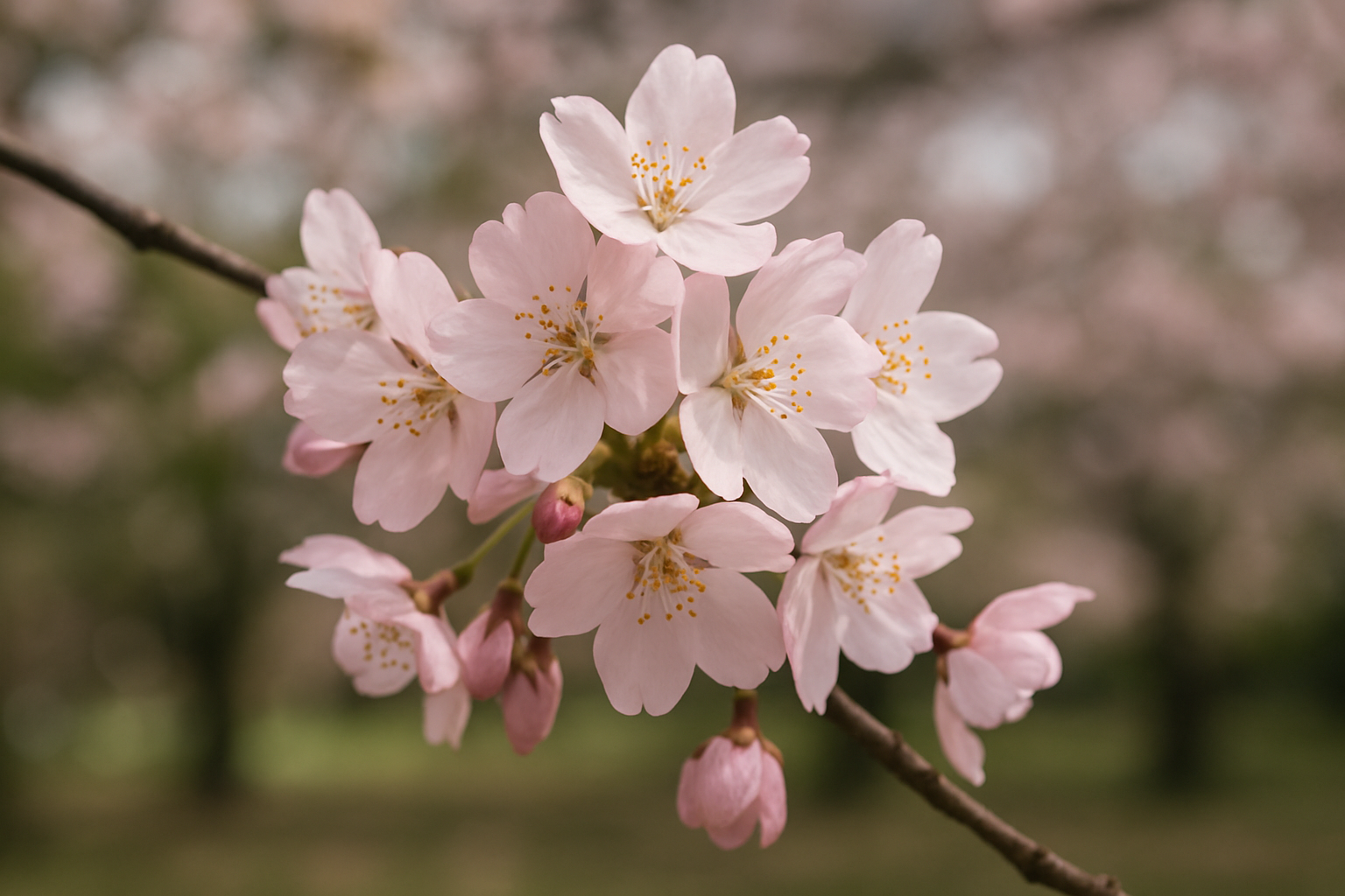 Fleur de cerisier en gros plan, lumière naturelle, symbole associé au sens « fleur » de Hana