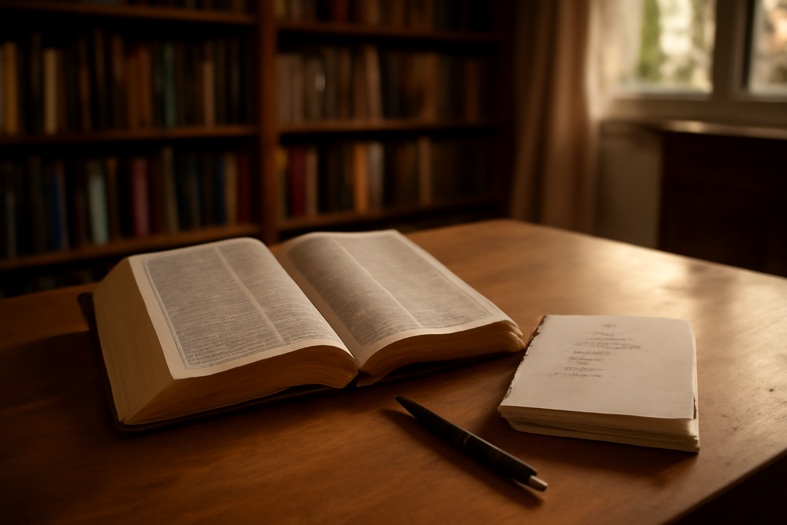 Origine prénom Hanna : scène photo réaliste d’un carnet de prénoms et d’une Bible ouverte sur un verset, lumière naturelle, bibliothèque calme