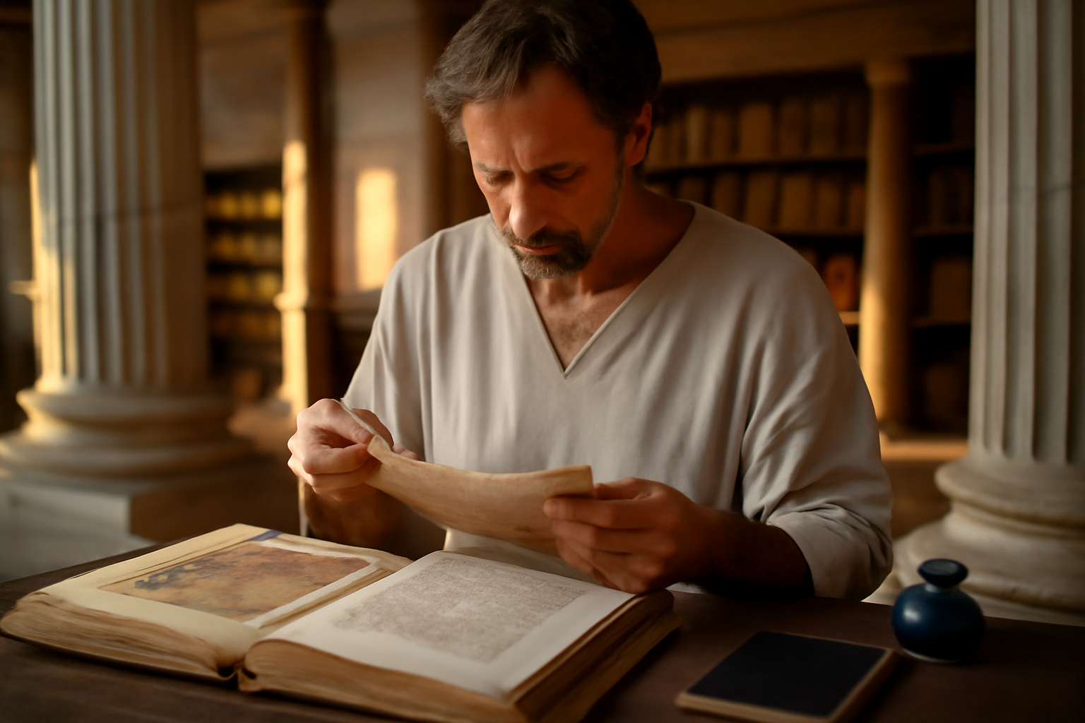Origine prénom Hector : scène réaliste inspirée de la Grèce antique avec un livre ouvert évoquant l’Iliade et un portrait de héros troyen