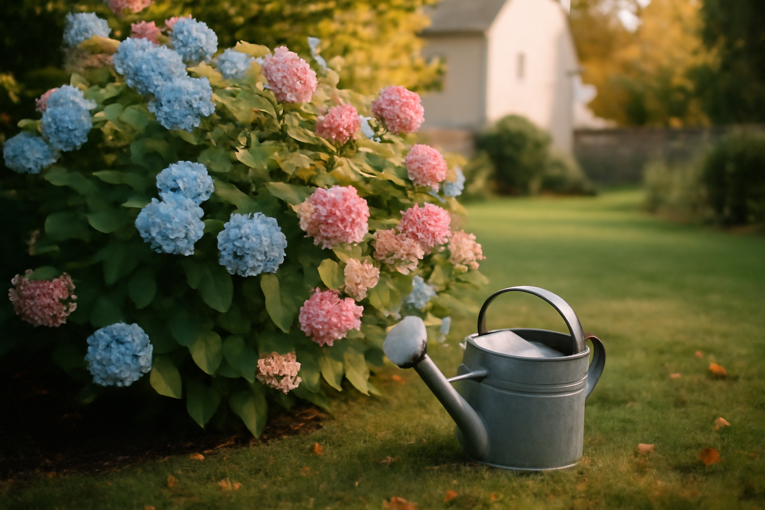 Jardin fleuri avec une hortensia, rappel de l’origine du prénom Hortense