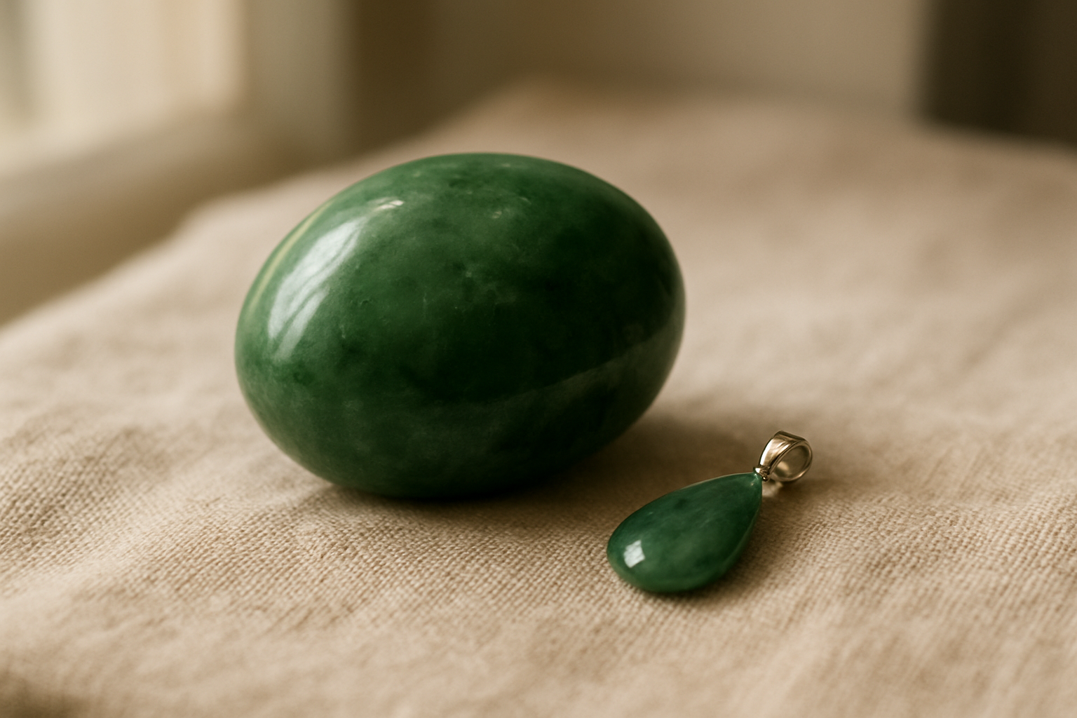 Pierre de jade verte et pendentif Jade sur un fond naturel