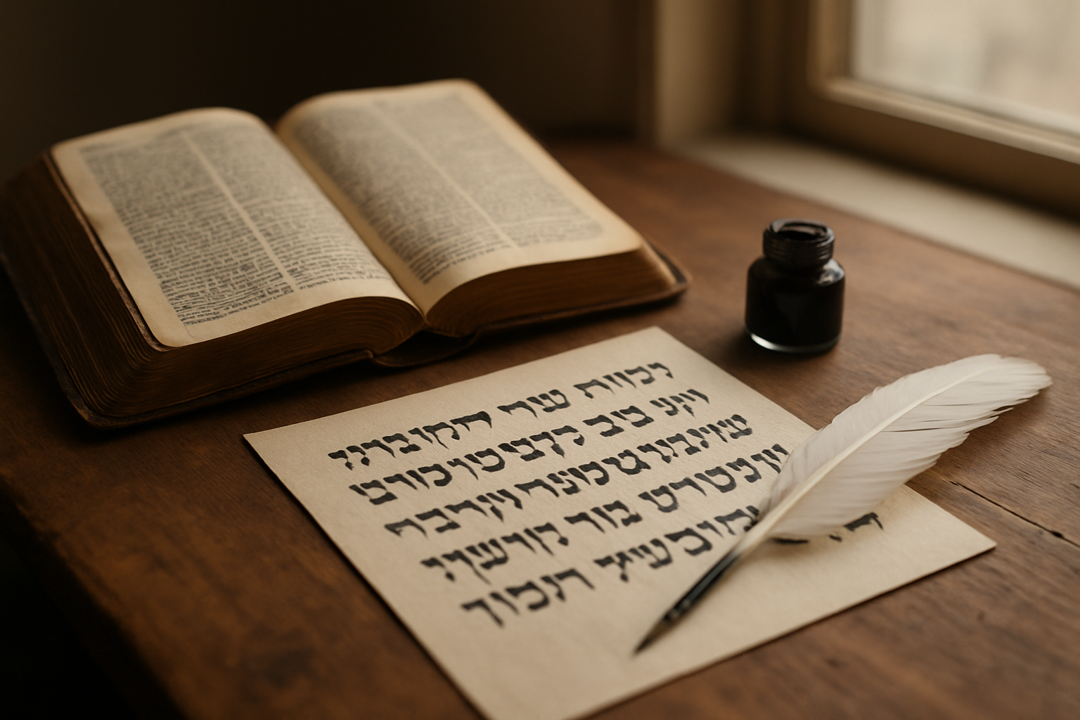 Livre ouvert et lettres hébraïques représentant l’origine du prénom Joseph, lumière naturelle dans une bibliothèque