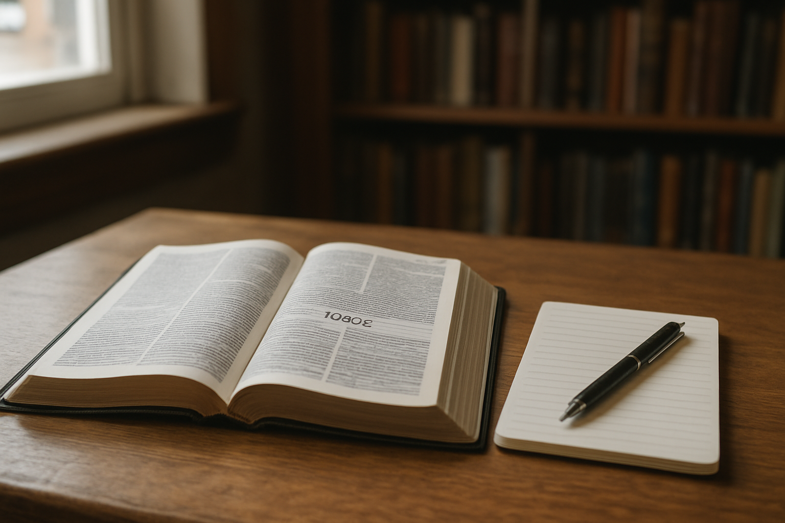 Livre de la Bible ouvert sur la figure de Josué, avec un carnet et un stylo pour écrire le prénom Joshua