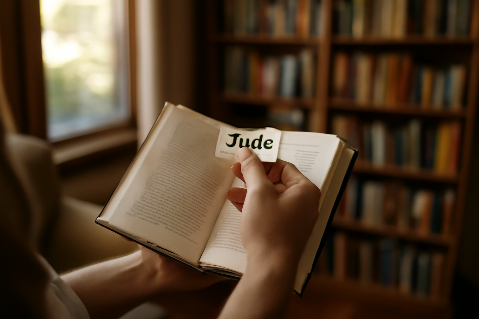 origine prénom jude : portrait d’un enfant portant un prénom Jude sur une étiquette de livre, lumière naturelle, décor bibliothèque familiale