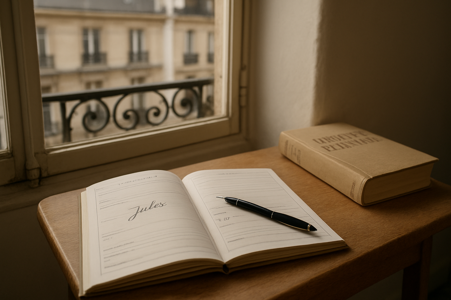 Vue d’une rue pavée en France avec un carnet de naissance et un livre d’histoire romaine, lumière naturelle, style photo réaliste