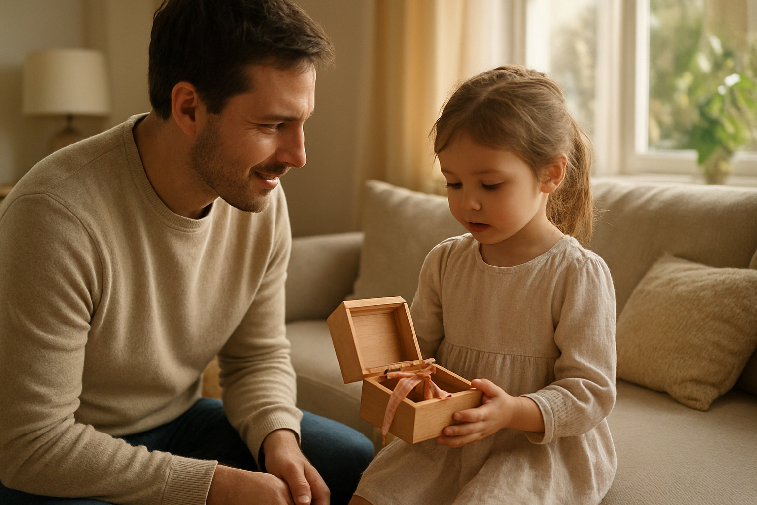 Jeune enfant tenant un petit coffret comme symbole de trésor, ambiance lumineuse à la maison