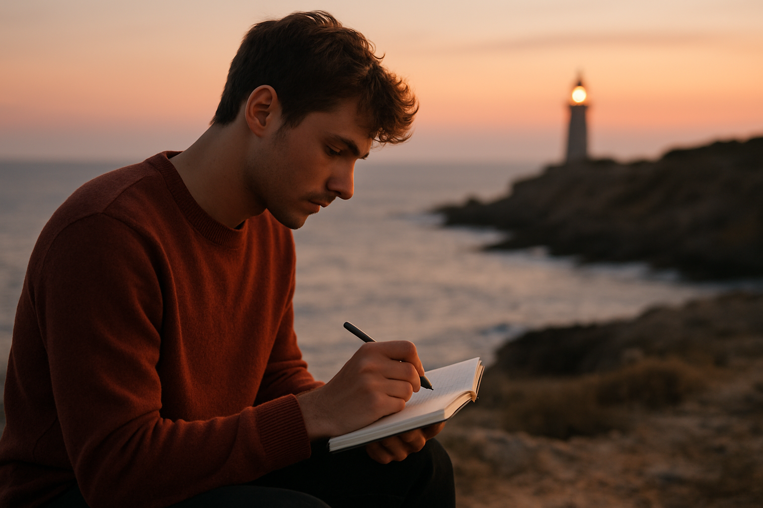 Photo réaliste d’un jeune homme portant un prénom Léandre sur un carnet, lumière du soir près d’une mer avec un phare au loin