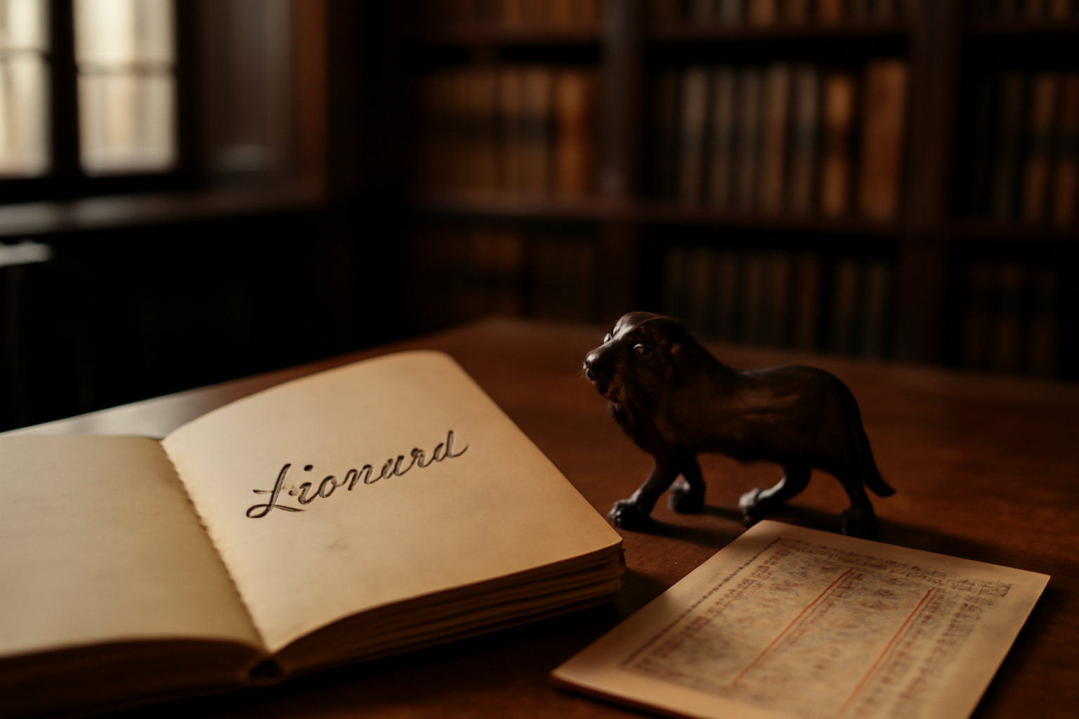 Origine prénom Léonard : lion et manuscrit ancien, scène photo réaliste